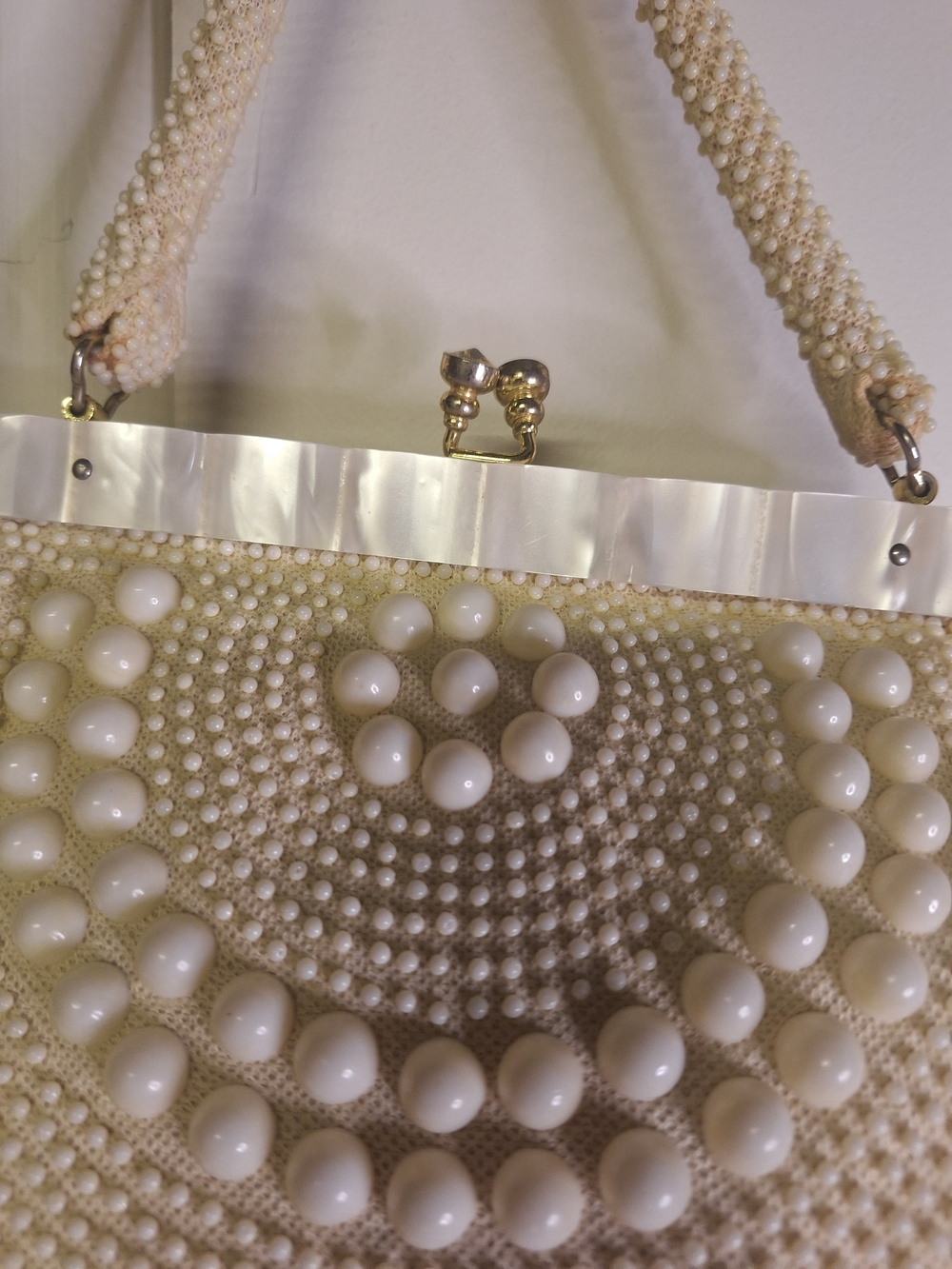 Cream Beaded Pearl-Accent Top-Hand Held Vintage Purse - Picture 3 of 12